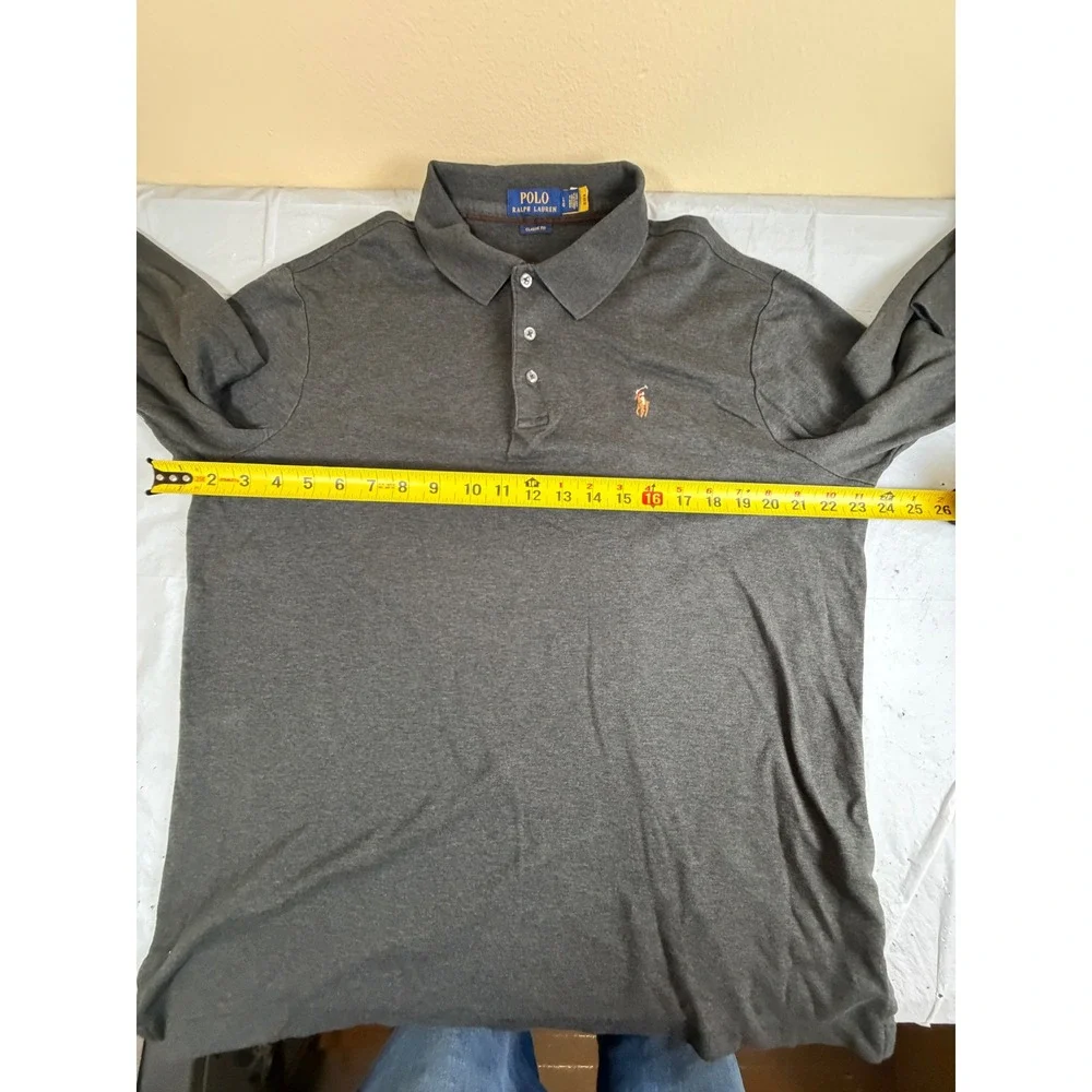 Polo Ralph Lauren Mens Gray Long Sleeve Polo Shirt Classic Fit Cotton Large